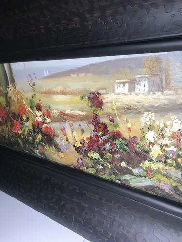 Wonderful Scenic Floral Canvas Painting In Large Heavy Frame