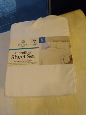 New With Tags Comfort Bay King Size 4 Pc Sheet Set Microfiber White Deep Pocket