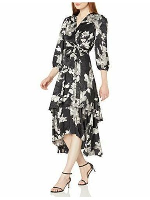 

CALVIN KLEIN Женское черное платье Hi-Lo с рукавами 3/4 и V-образным вырезом ниже колена с оборками, Черный