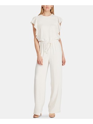 

Женский комбинезон цвета слоновой кости с рюшами и круглым вырезом RALPH LAUREN для работы, широкие брюки, Цвет слоновой кости