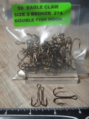 50 Eagle Claw Size 2 Bronze 274 Double Loose Fish Hooks