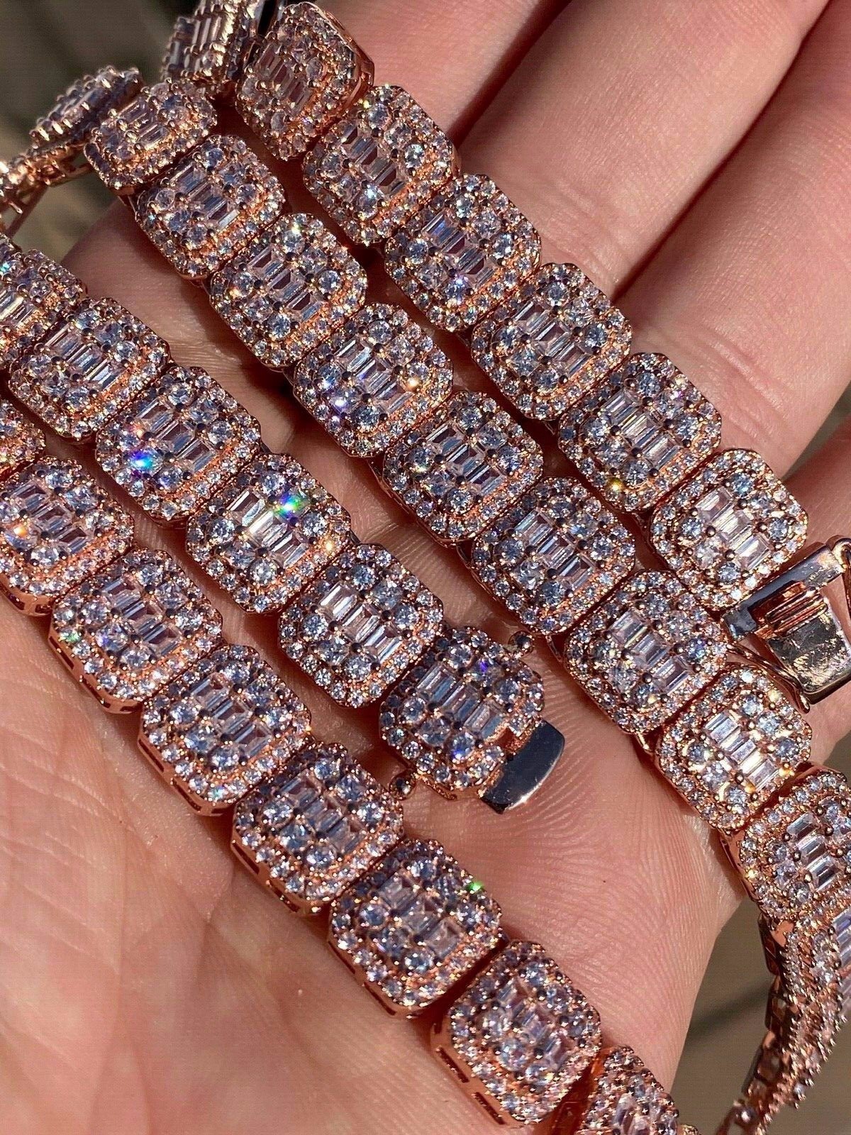 Pre-owned Silver Men's Baguette Tennis Chain Rose Gold Plated Real 925  18" Choker - 30" Cz In Pink