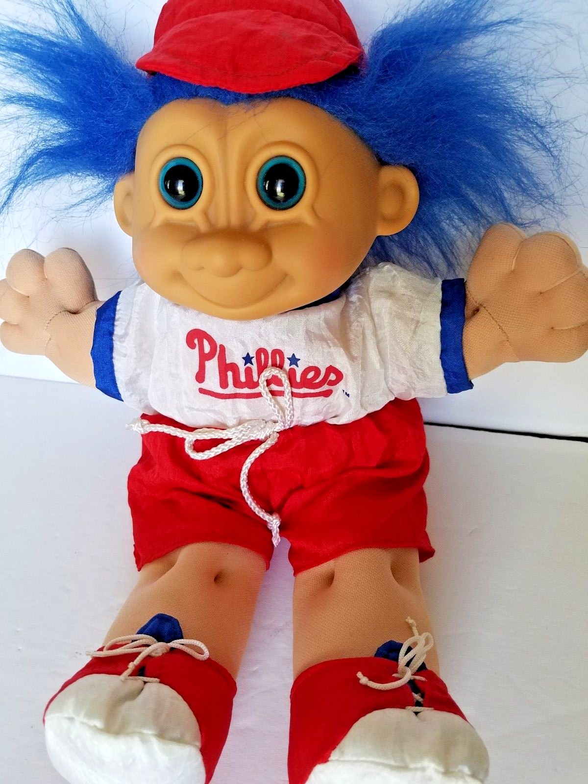 Phillies Troll Doll Large Good Luck Sports Blue Hair Cloth Body RUSS Vintage