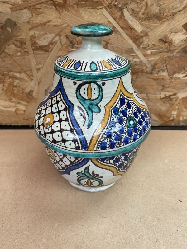 Ancienne Jarre A Beurre Jobbana Maroc FaÃ¯Ence Polychrome XixÃMe Vintage #B082