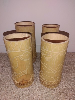 Vintage Hand Carved Etched Jamaica Bamboo 8'' Cocktail Glasses Vases set of 4 