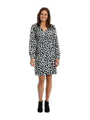 LONDON TIMES Womens Black Tie Lined Jacquard Hem Cuffed Sleeve Dress Petites 8P