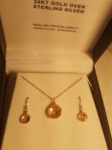 Pretty 24k Gold Over Sterling Silver Necklace & Earrings W/ Swarovski Elements