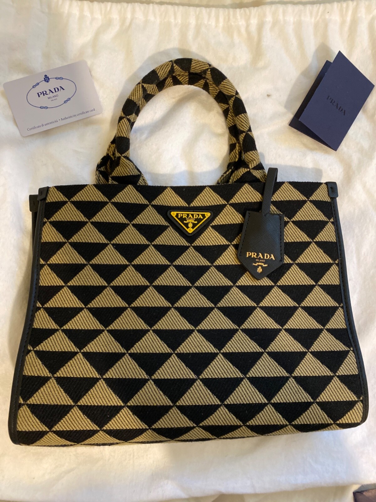 Prada Symbole Black and Tan Embroidered Fabric Small Tote Prada Symbole Black and Tan Embroidered Fabric Small Tote