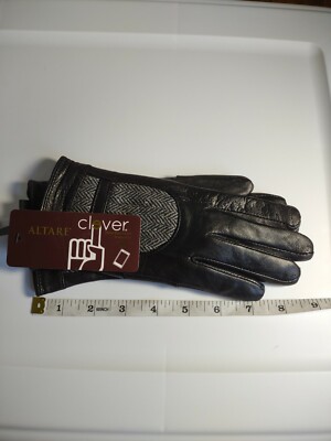 Altare Womens clever touchscreen Black Leather & Houndstooth Tech & Text Gloves