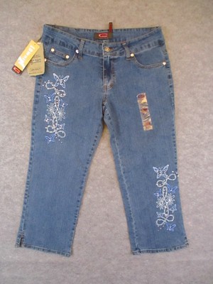 Gazoz Jeans Womens 9 or 10 Blue Denim Capri Butterfly Rhinestones Low Rise 30x21