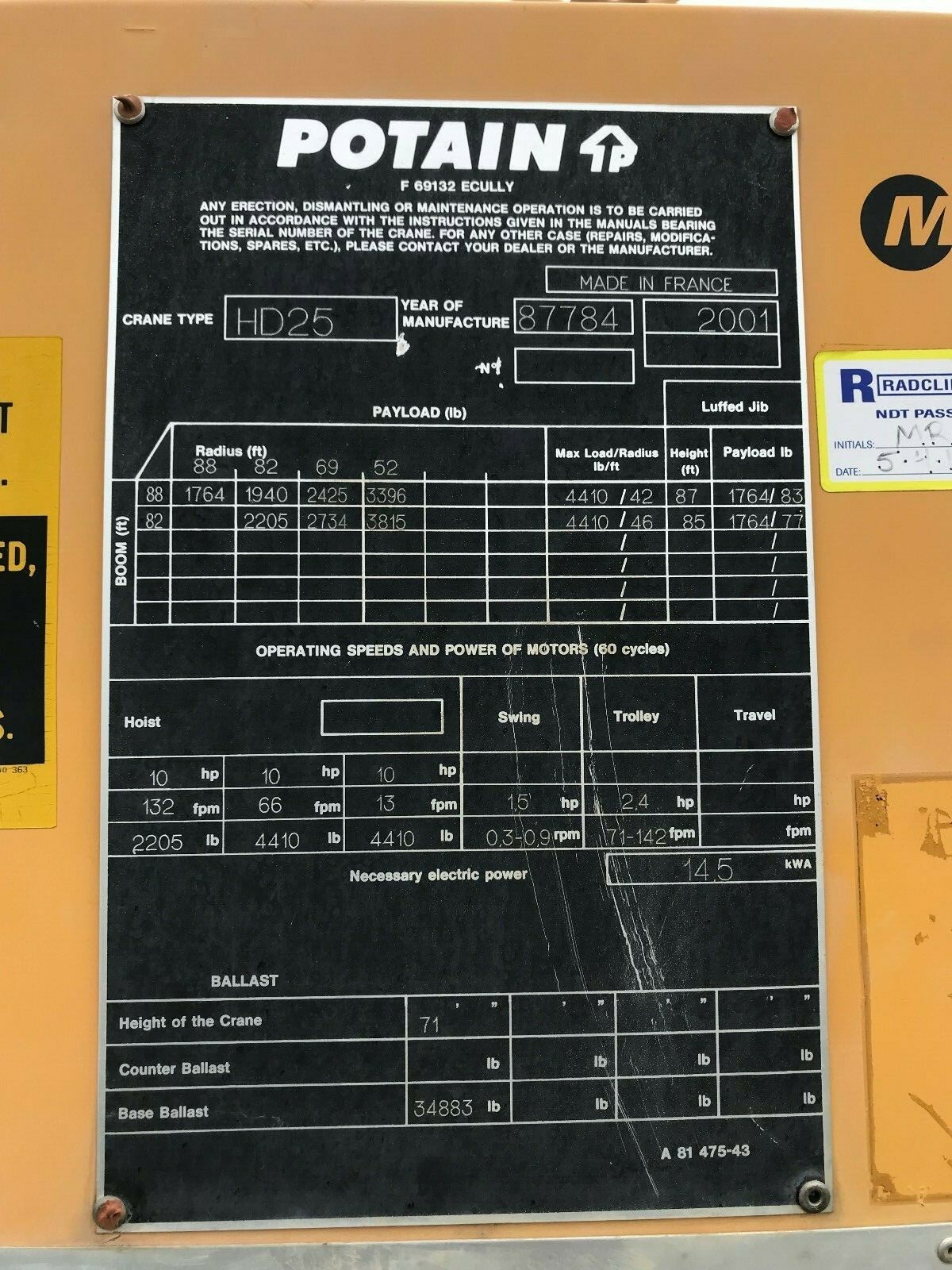 2001 Potain HD25 Tower Crane 88 Ft - 4410 Lb Capacity - Certified