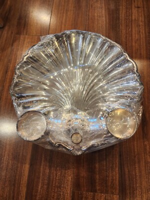 HE Sheffield Silver Co USA Clam Platter Shell Dip Candle Holders 4 Lion Legs Vtg