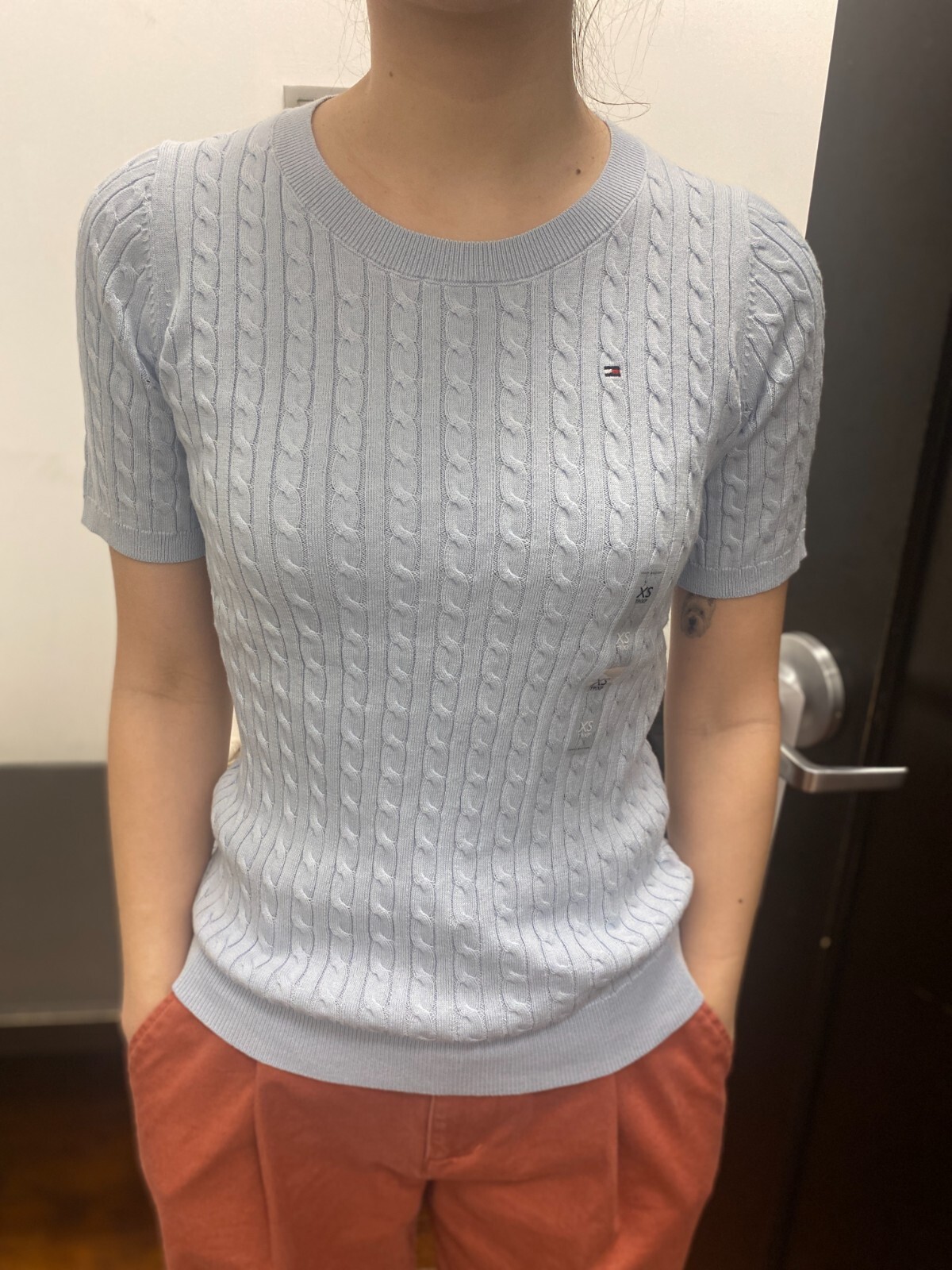 【SCENERITY】Tory Cable Short Sleeve Knit TOMMY HILFIGER Women's Short-Sleeve Cable Knit Sweater