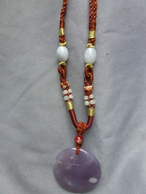 Jade and Amethyst Necklace On Rust and Gold Cord