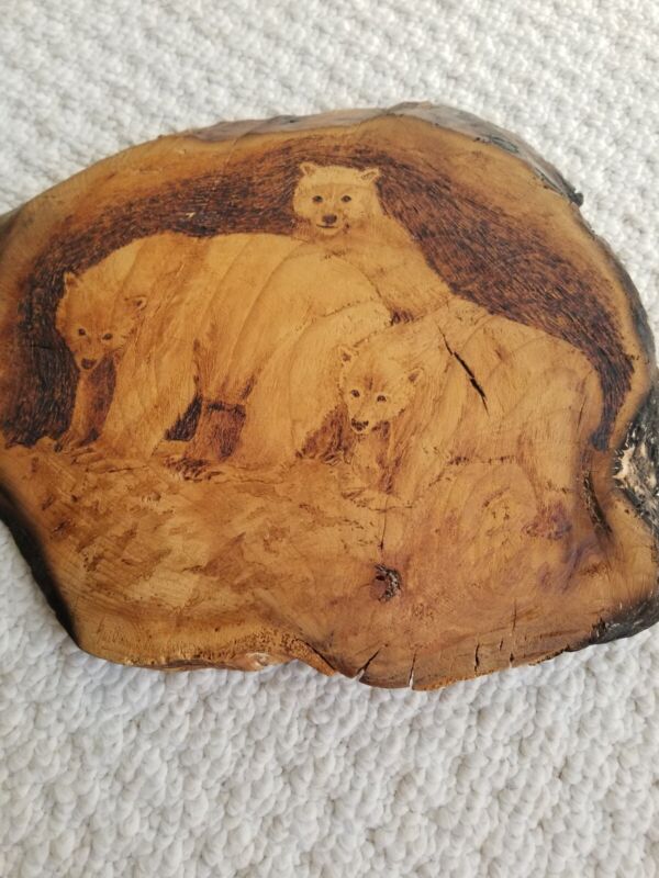 Pyrography Wood Burned Bears folk art painting drawing VINTAGE wall plaque 12"