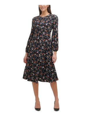 TOMMY HILFIGER Womens Navy Balloon Sleeve Midi Wear To Work Fit + Flare Dress 12