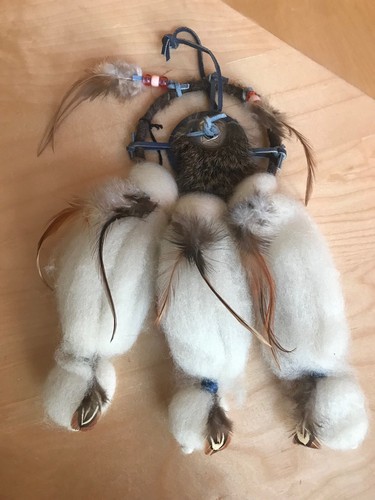 Dream catcher genuine Rabbit pelt, Leather, Wool and Feathers 11 X 7 Handmade