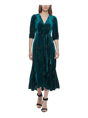 

Женское темно-бирюзовое бархатное платье миди с объемными рукавами CALVIN KLEIN, Teal