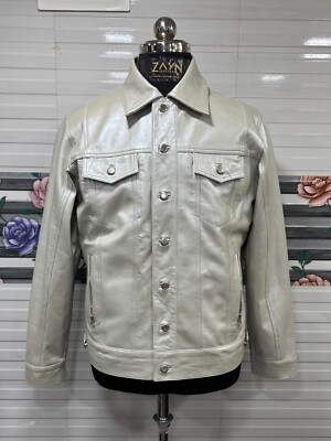 Men's Silver Trucker Jacket Genuine Lambskin Leather Denim Style Buttoned Jacket