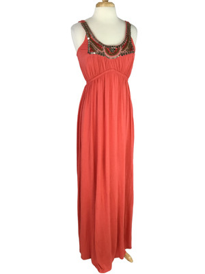 Angie BOHO Maxi Dress Womens Large Coral Beaded Sequin Medallions Artsy Sundress