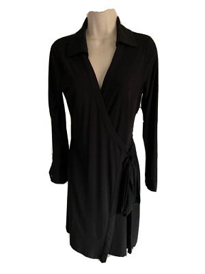 Calvin Klein black dress full wrap sarong tie belt long sleeve collar 10