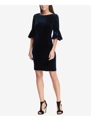 

DKNY Женское темно-синее бархатное платье-футляр длиной до колена с круглым вырезом и рукавами-колокольчиками Размер, Navy