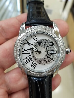 Pre-owned Aqua Master Men's W127 1.7ct Round 2 Row Diamond Bezel Leather Quartz Watch In Silver
