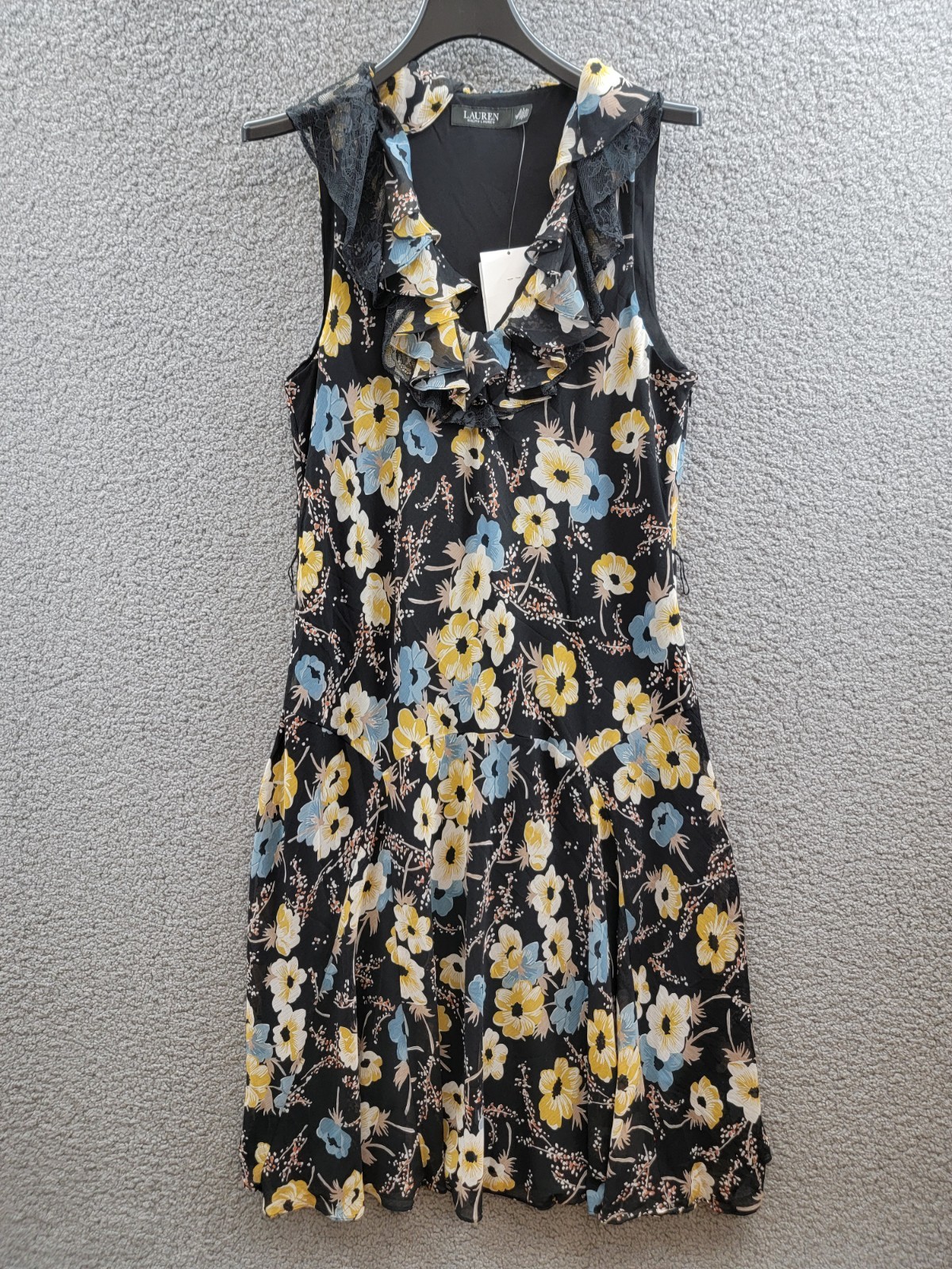 Lauren Ralph Lauren Floral A-Line Dress Women's 14 Black Multi Ruffle Sleeveless - Picture 2 of 15