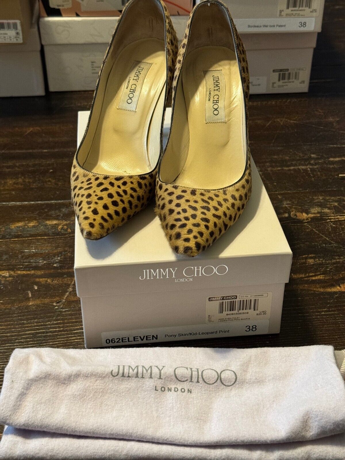 Jimmy Choo 062 Eleven Women's Pony Skin Leopard Print Slip Jimmy Choo 062 Eleven Women's Pony Skin Leopard Print Slip