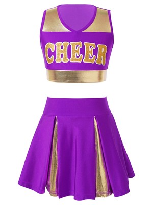 iEFiEL Girls Patchwork Cheerleading Dance Costume School Uniform Crop Top+Skirts