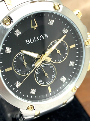 Bulova Men s Watch 98D159 Quartz Chronograph Diamond Black Dial Two Tone Steel