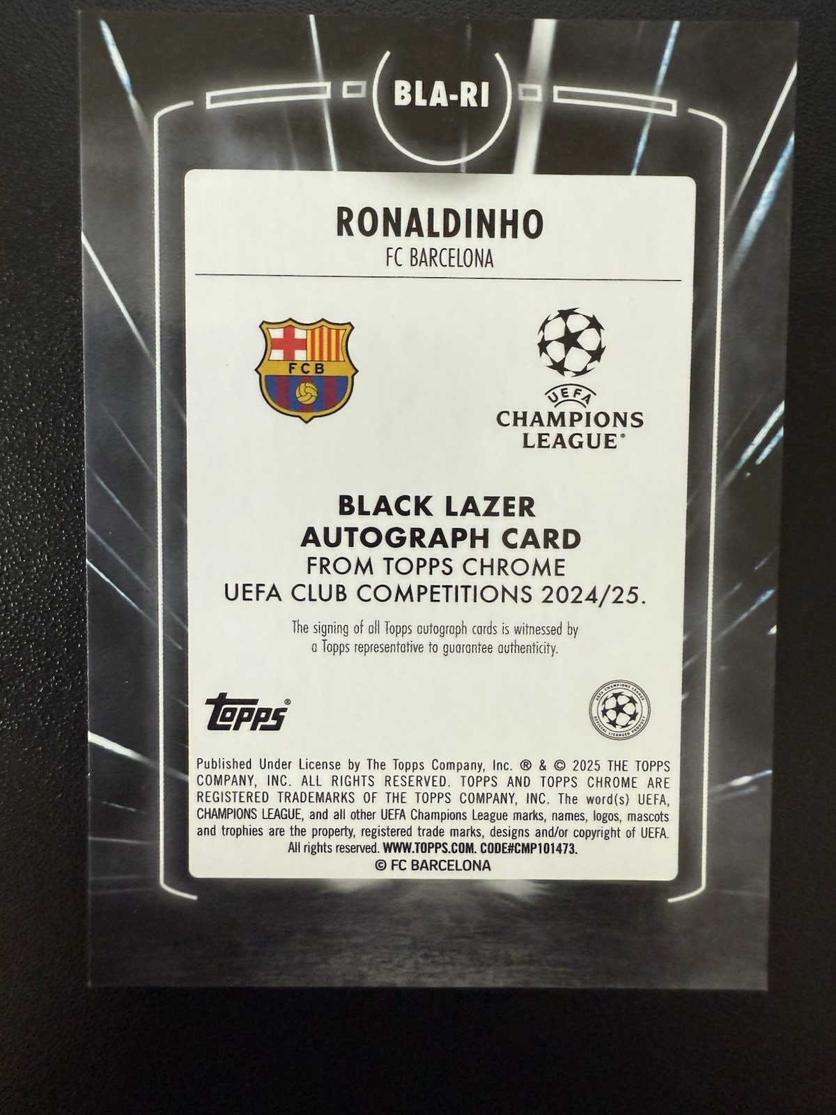 2024-25 Topps Chrome UEFA Ronaldinho Black Lazer Auto /50 Barcelona