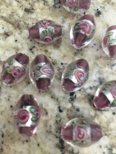 LAMPWORK Glass BEADS Purple with Pink Flower, Oval EASTER EGG 16mm, 10 pieces
