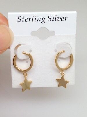 Plain Gold Star Dangle Huggie Hoop Earrings 925 Sterling Silver 23mm0.91'' 11.5mm