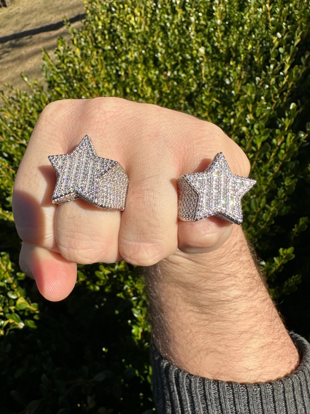 Pre-owned Silver Moissanite Real 925  Iced Baguette Star Ring Moissanite Pass Diamond Test