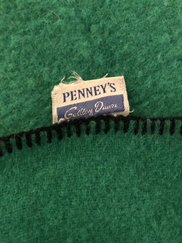 VINTAGE JC PENNEY'S GOLDEN DAWN GREEN W/BLACK STRIPE 100% WOOL BLANKET  64 X 78