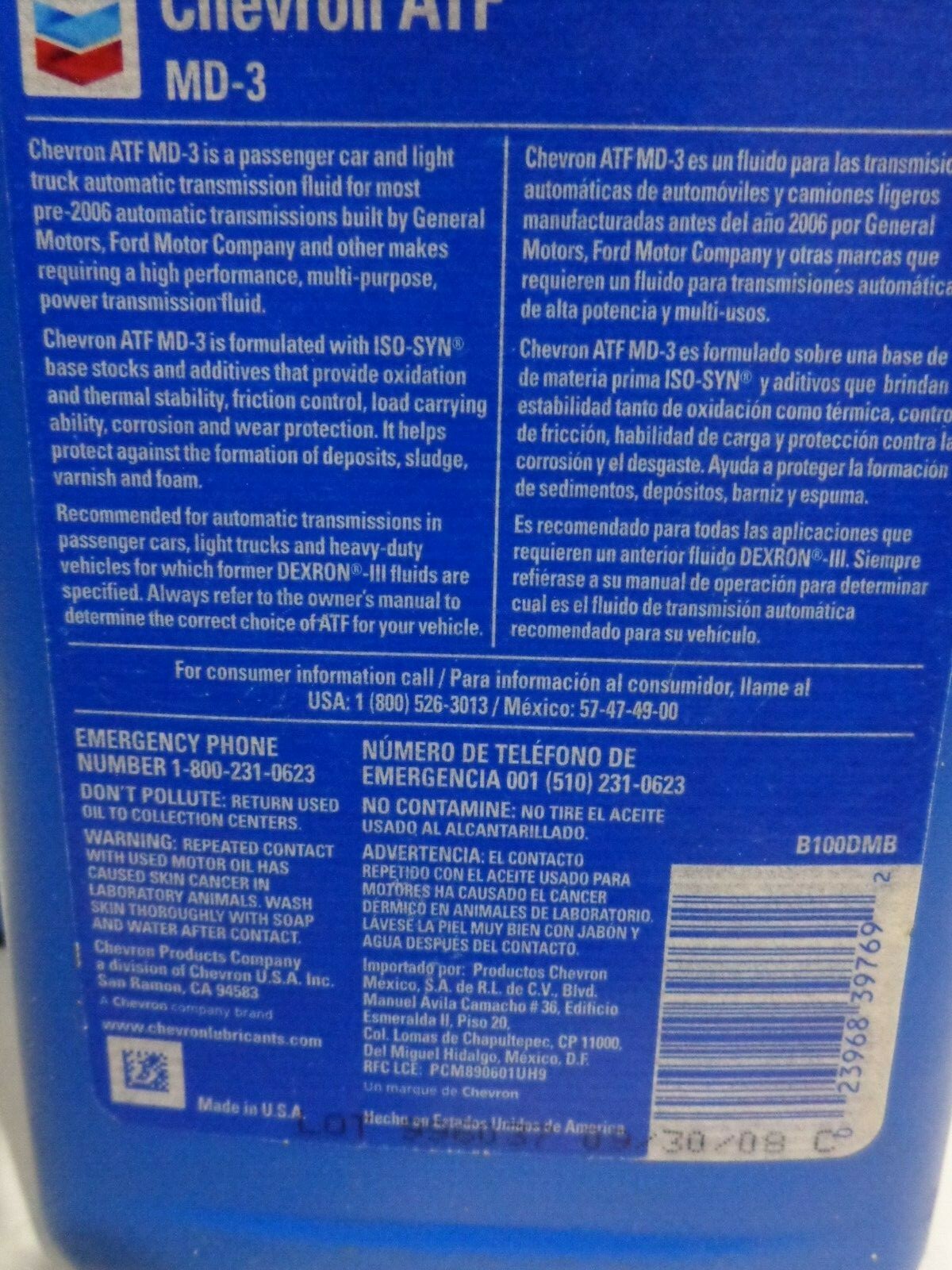 3 Quarts ,chevron Atf Md-3 Transmission Fluid, Dexron Lll-h, Mercon ...