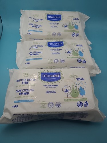 3 X Mustela Baby Organic Cotton Wipes with Natural Avocado - Body & Diaper Area