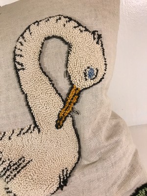 40s Swan Embroidered Pillow w/ cattails reeds NICE 13