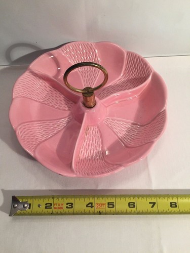 Divided Ceramic Serving Relish Candy Dish Pink Handle Vintage mid century USA