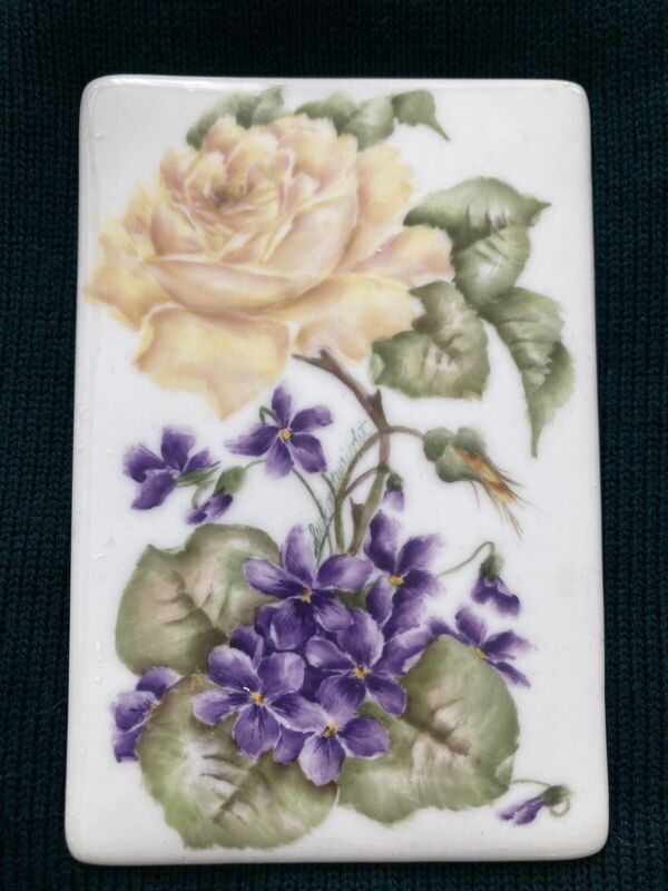 Limoges France Wall Tile Yellow Rose Purple Violets 4” X 6” 