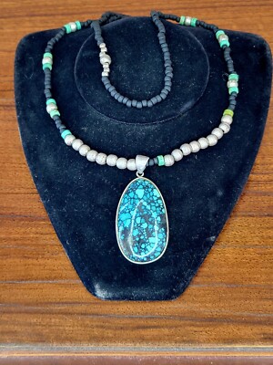 Navajo Native American Sterling Silver Spider Web Turquoise Pendant Necklace