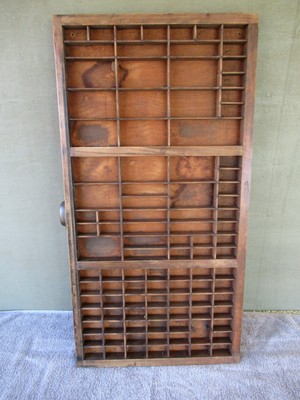 Antique Type Tray Primitive Printer's Shadow Box, 103 Sections, Metal Handle