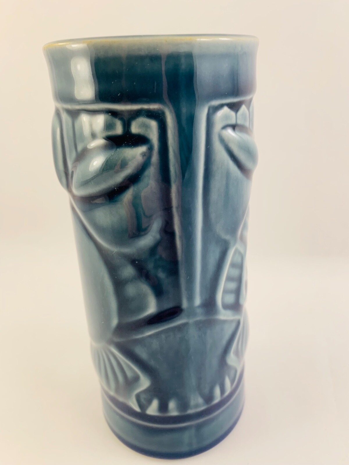 Libbey Hawaiian Tiki Mug Glass Cup Blue Glazed Vintage
