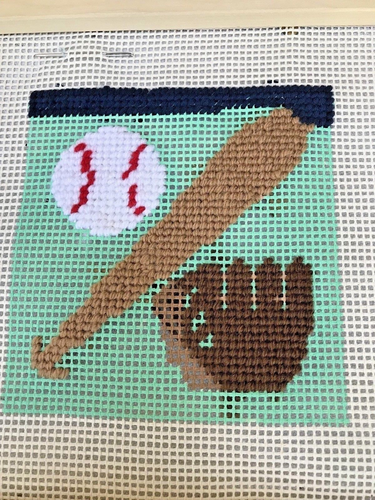 Part Completed Kid's Needlepoint Kit Baseball Theme with Canvas-Yarn-Directions