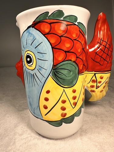 Mint Colorful Hand Painted Pottery Kissing Fish Pitcher Flower Pot Made In Italy