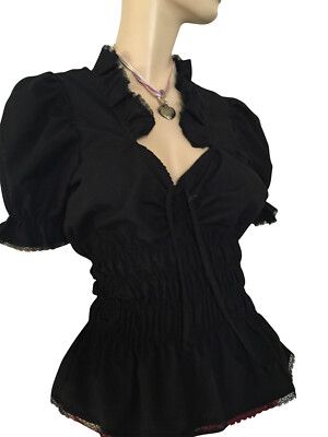 Trachtenbluse Dirndlbluse Damen Bluse Kurz Arm Schwarz Rüschen Tailliert