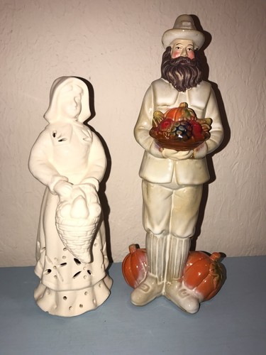 THANKSGIVING PILGRIM Man Woman Couple Ceramic Statue Figurine Set NICE!!??????