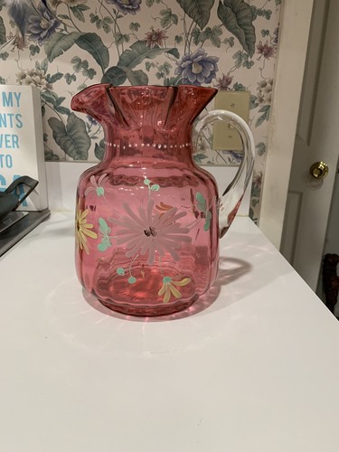 Antique Victorian Blown Cranberry Glass 8 3/4 “Pitcher Ribbed Applied Handle