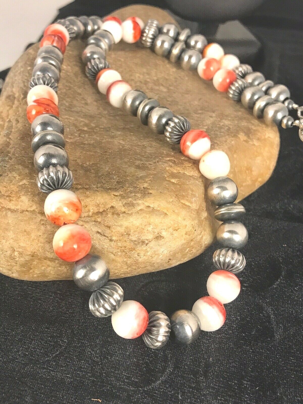 Pre-owned Handmade Spiny Oyster Navajo Sterling Silver Beads Necklace 21” 8533 In Orange